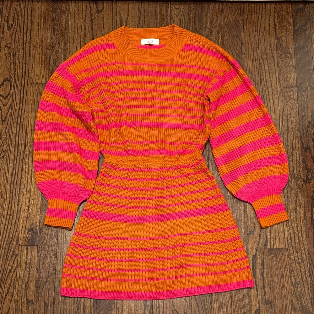 Lucca Crochet Striped Vibrant Pink and Orange Puff Sleeve Sweater Dress